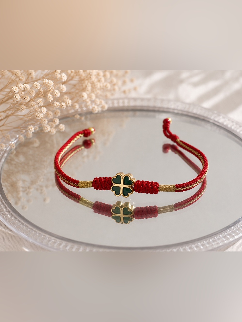 Red String Lucky Clover Bracelet – Handmade Adjustable Charm Bracelet
